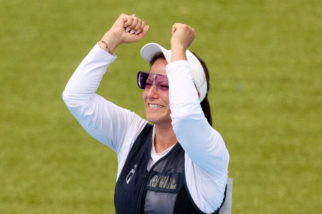 Gold medalsit Guatemala's Adriana Ruano Oliva reacts at the end of the shooting trap men's final during the Paris 2024 Olympic Games at Chateauroux Shooting Centre on July 30, 2024. (Photo by Alain JOCARD / AFP) (Photo by ALAIN JOCARD/AFP via Getty Images)